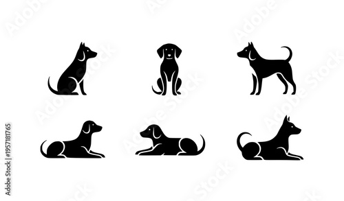 Minimal dog silhouette icons with simple poses vector illustration set isolated on white background