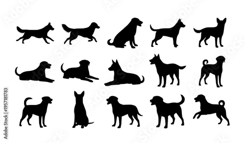 Black dog silhouette set with different poses running sitting lying vector illustration isolated on white background