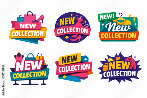 Set of new collection promo labels featuring shopping items, dress, shoes, and bags for sale advertisement