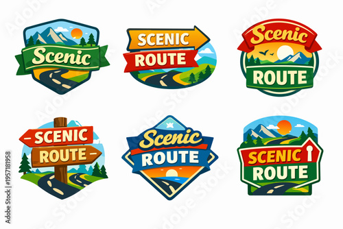 Scenic route travel badges displaying mountains, trees, roads, and sun, symbolizing adventure journeys and nature tourism
