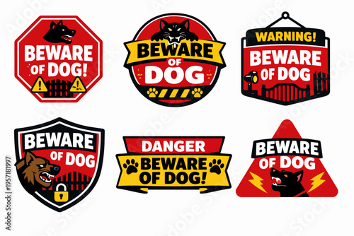 Beware of dog warning signs collection, featuring various design illustrations for property security and protection