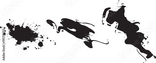 Three distinct black ink splatters and paint drips on a plain white background