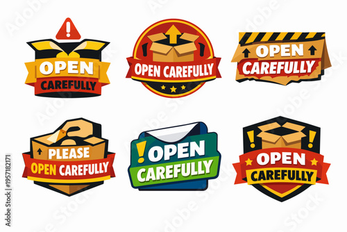 Collection of open carefully labels for delivery boxes, fragile shipping warnings, and package instructions