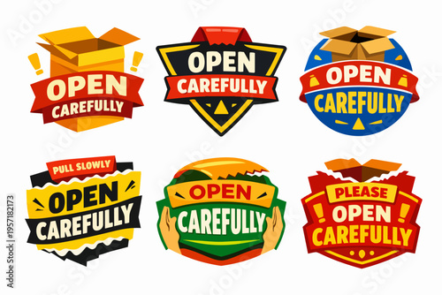 Open carefully warning badges set for safe package handling, delivery, unboxing and shipping instructions