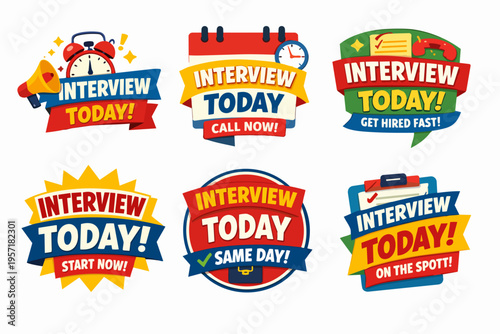 Recruitment badges informing about interview today, hiring, job openings, and urgent candidate search