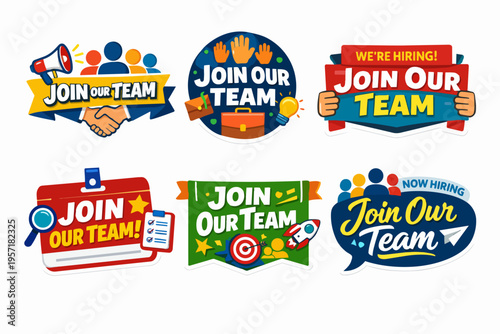 Join our team hiring recruitment marketing stickers set for job vacancy and career opportunity promotion