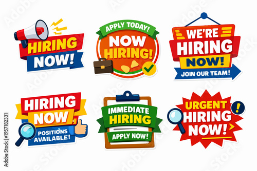 Collection of hiring now badges and labels. Recruiting new employees, finding talent, job vacancy announcements