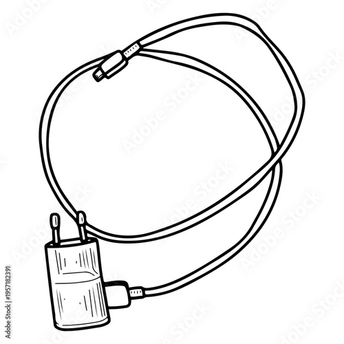 Phone charger. Hand drawn vector sketch. Plug into socket. Type C cable. Modern electrical device. Line art graphic illustration.