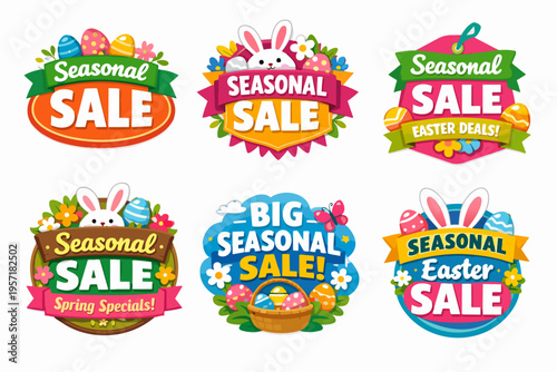 Easter seasonal sale labels collection promoting spring discounts with bunnies, eggs, and flowers