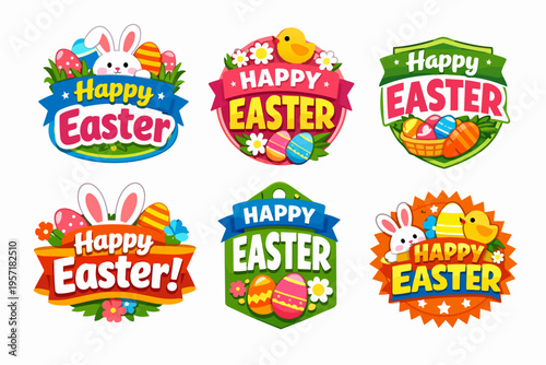 Happy easter labels collection featuring rabbits, chicks, eggs, and spring flowers, celebrating the holiday season