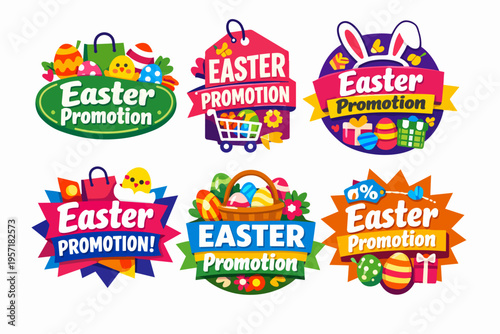 Easter promotion badges cartoon set with eggs, chicks, bunny ears, and gift boxes for holiday sale discounts