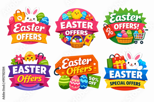 Easter offers marketing badges and promotional labels set with bunny, chick, eggs, and shopping elements for seasonal sale