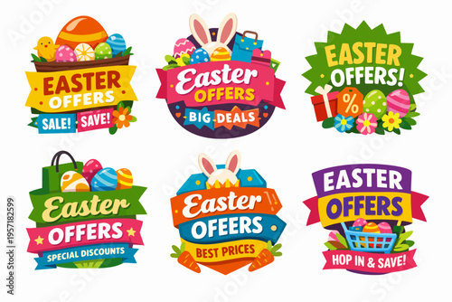 Easter offers marketing sale labels collection with eggs, bunny ears, carrots, shopping bags, and spring flowers promoting discounts