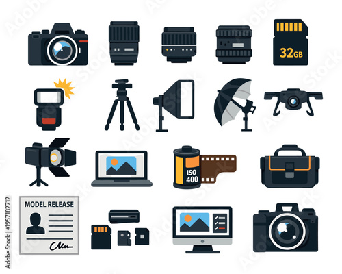 Photography tools and accessories collection, including cameras, lenses, flash, tripod, studio lights, drone, model release, and film roll