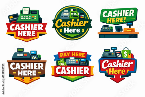 Cashier here and pay here signs set for retail checkout counter graphics and payment point labels