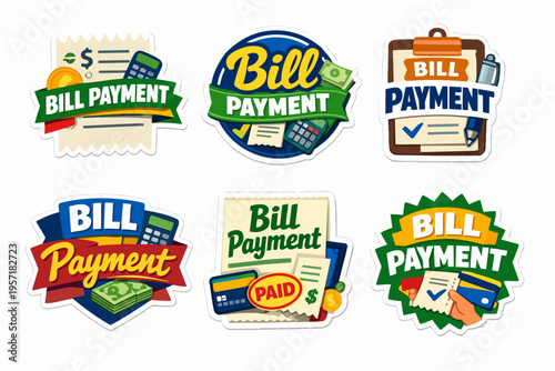 Bill payment stickers representing financial concepts like paying bills, invoice management, banking, and money transactions