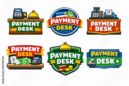 Payment desk logos displaying various payment options, cash registers, and transaction symbols for checkout points