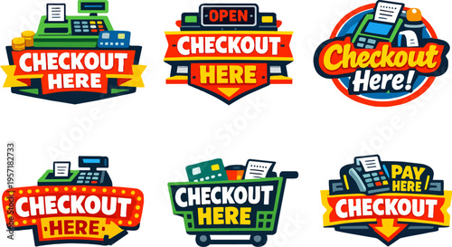 Set of colorful checkout signs and badges for retail, featuring cash registers, payment terminals, and shopping carts