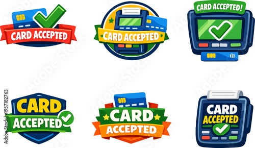 Payment methods message set showing credit card and pos terminal with card accepted text and checkmark icon