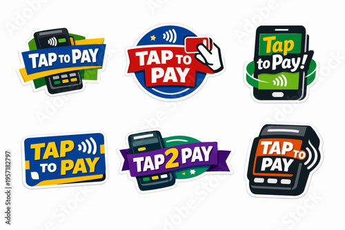 Collection of tap to pay stickers and badges illustrating a fast, secure, and convenient contactless payment system using nfc