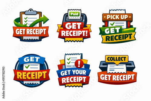 Receipt icons collection for payment confirmation and transaction records, illustrating billing and fiscal data