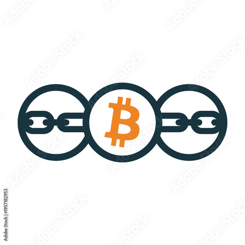 Vector of interlocking chain links surrounding a bitcoin symbol in the center