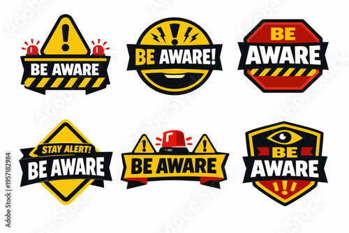 Set of be aware warning symbols with exclamation marks, sirens, and eyes, communicating alertness and critical notices