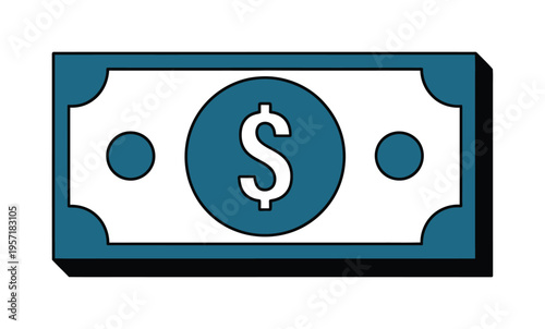 Blue and white vector of a dollar bill with the dollar sign prominently displayed in the center.