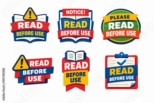 Read before use warning labels and instruction badges set, important safety information and notice signs collection