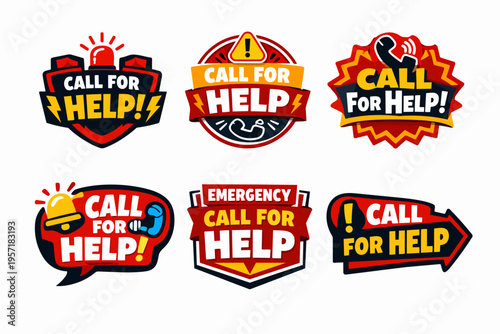 Call for help badge collection showing urgent and emergency assistance support symbols and icons