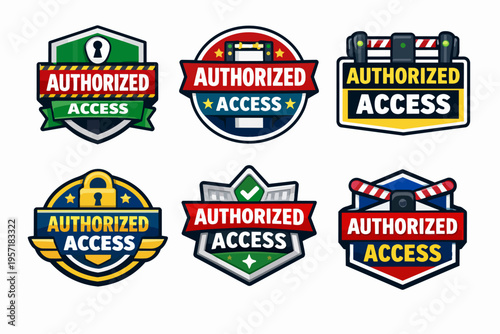 Authorized access badges set displaying security symbols and exclusive entry concepts for protected areas