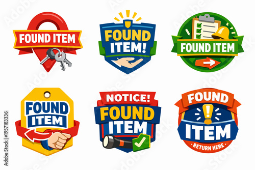 Found item badges and labels set for lost property concepts. Informing about returning personal belongings
