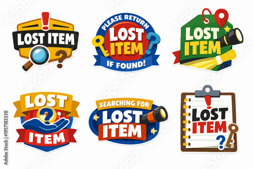 Set of lost item badges and stickers. Concepts of searching, finding, inquiry, and returning lost belongings