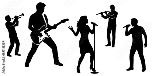 Set of musicians and singers black silhouettes. Live band performance with guitarist, trumpet player, flutist, and vocalists isolated