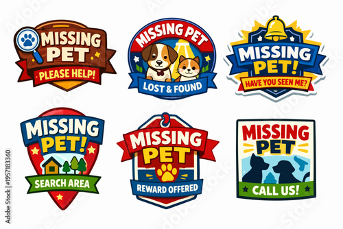 Collection of missing pet badges and lost & found labels, featuring concepts of search, reward, and help for pets