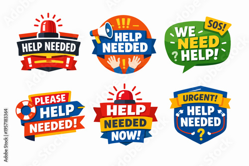 Badges and labels using sirens, megaphones, and plea text, indicating critical need for help and urgent support