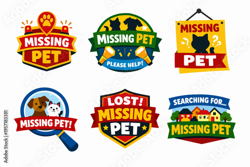 Missing pet badges collection, helping find lost animals, encouraging community search and volunteer efforts