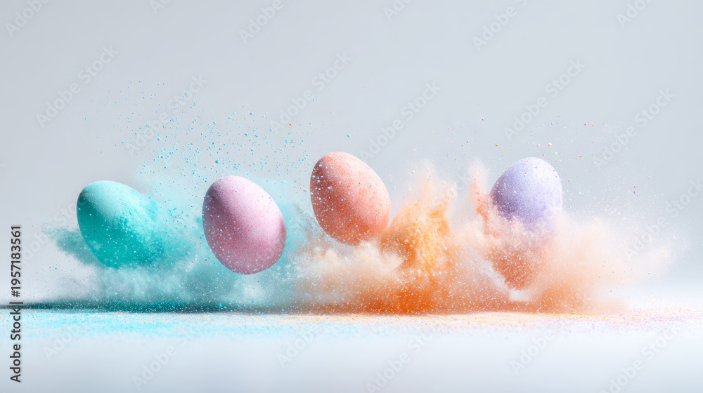 Fototapeta premium Pastel colored eggs creating a dynamic cloud of soft powder. Vibrant colors celebrating Easter and spring concepts