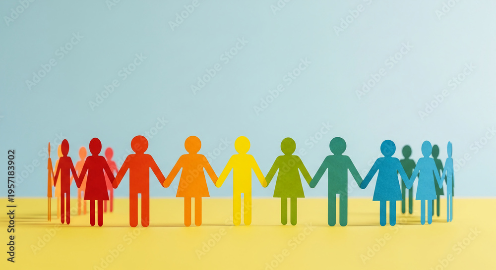Fototapeta premium Paper human figure in circle, diverse colors, hands joined, standing on yellow surface, representing unity, diversity, and collaboration, against blue
