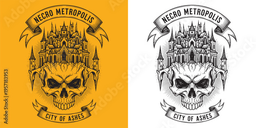 Necro Metropolis City of Ashes Gothic Skull Castle Illustration