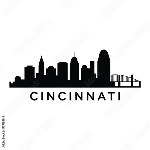Silhouette of cincinnati skyline with name displayed below the buildings