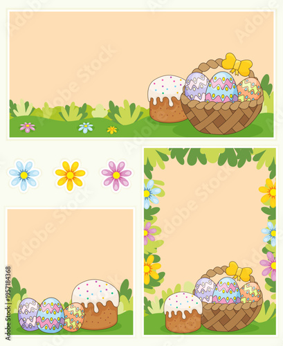 Orthodox Easter banner set with kulich, eggs and copy space