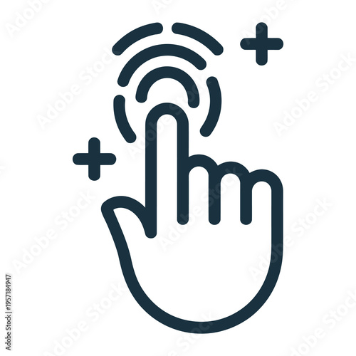 Dark vector of a hand touching a screen with signal waves and plus symbols