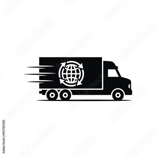 Vector of a speeding delivery truck with a globe and circular arrows on its side