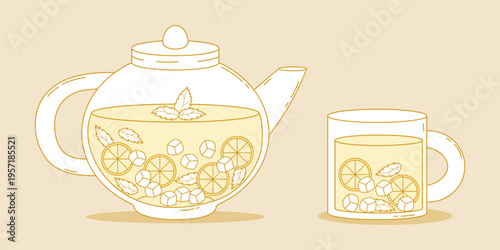 Citrus Lemonade. Glass Teapot and Mug. Homemade Fresh Summer Drink with Ice Cubes and Mint. Isolated Hand Drawings. Vector Illustration