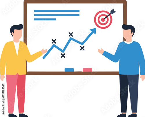 Business professionals analyzing growth chart on whiteboard with arrow hitting target goal for success strategy and financial planning.