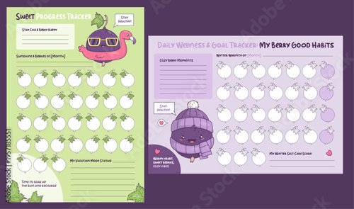 Winter Summer Monthly Habit Tracker. Cozy Seasonal   Planners Pages with Cute Kawaii Blackcurrant Character. Isolated Vector Vertical and Horizontal Printable Goal Checklist