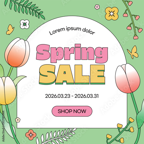 Spring Sale Banner with Colorful Tulips and Flowers, Floral Background