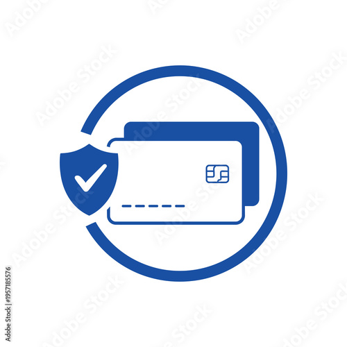 Blue vector of a secure credit card with a shield and check mark icon.