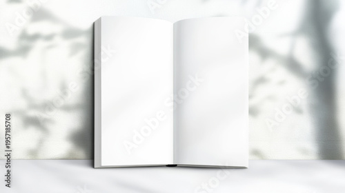 Open book with blank pages standing against a textured wall. Clean, minimalist template for design and content display